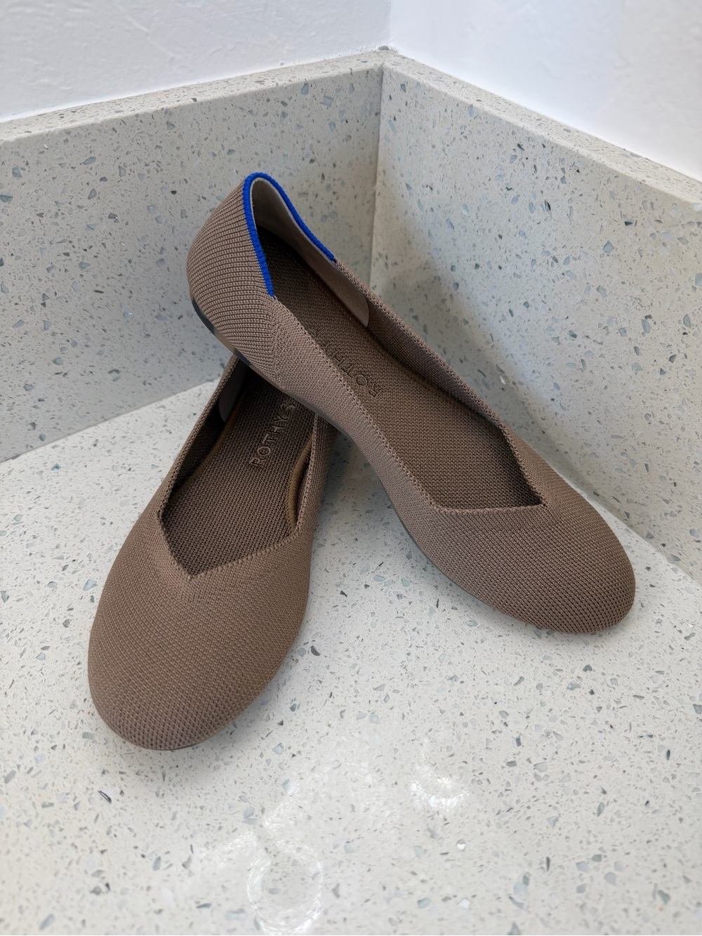 Rothy’s Taupe Knit Ballet Flats with Blue Trim